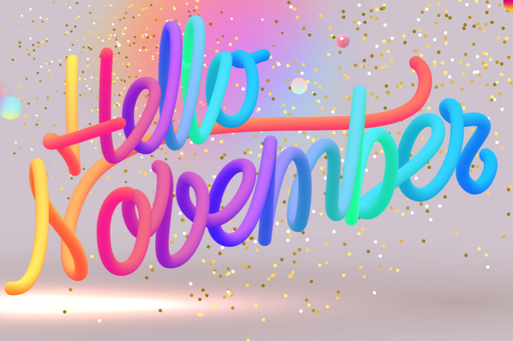 a cursive and colourful text indicating "hello november"