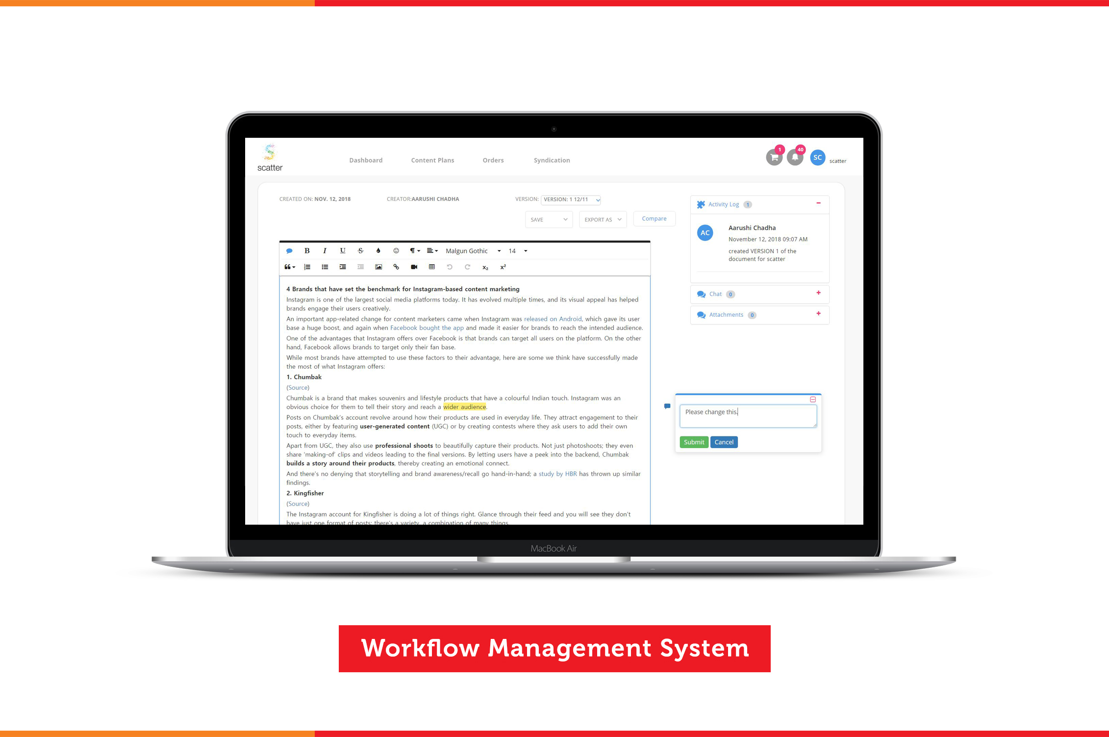 content creation - open laptop with scatter's workflow management system website open