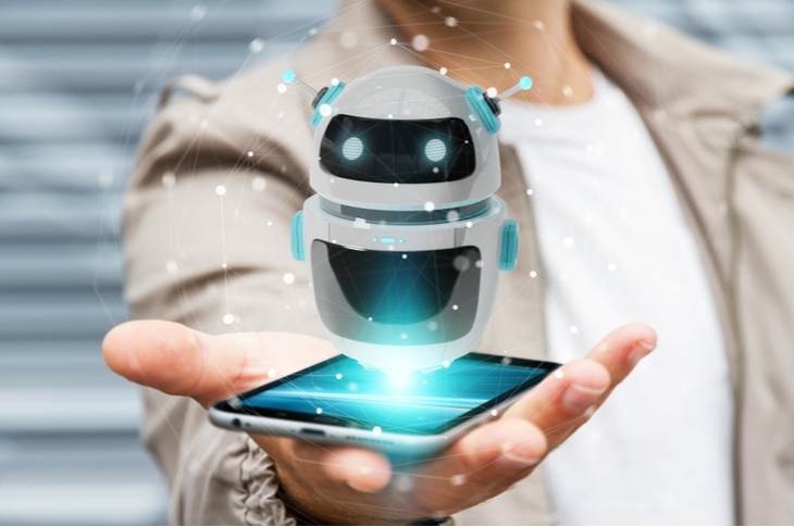 Chatbots - Businessman on blurred background using digital chatbot robot application 3D rendering - Scatter